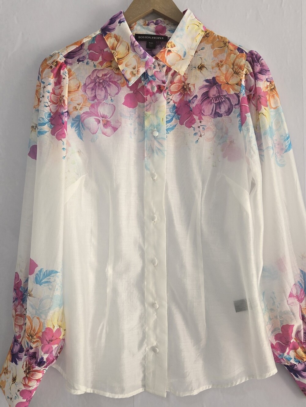 BOSTON PROPER Size L Floral Watercolor Shear Button-Up Blouse, Covered Buttons